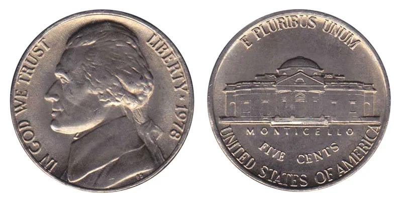 1978 Jefferson Nickel obverse and reverse showing Thomas Jefferson portrait and Monticello