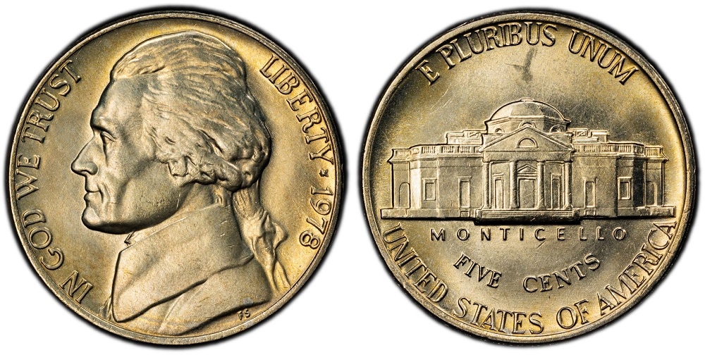 Side-by-side comparison of 1978 nickel reverse showing common weak steps vs Full Steps designation with all five lines clearly separated at Monticello base