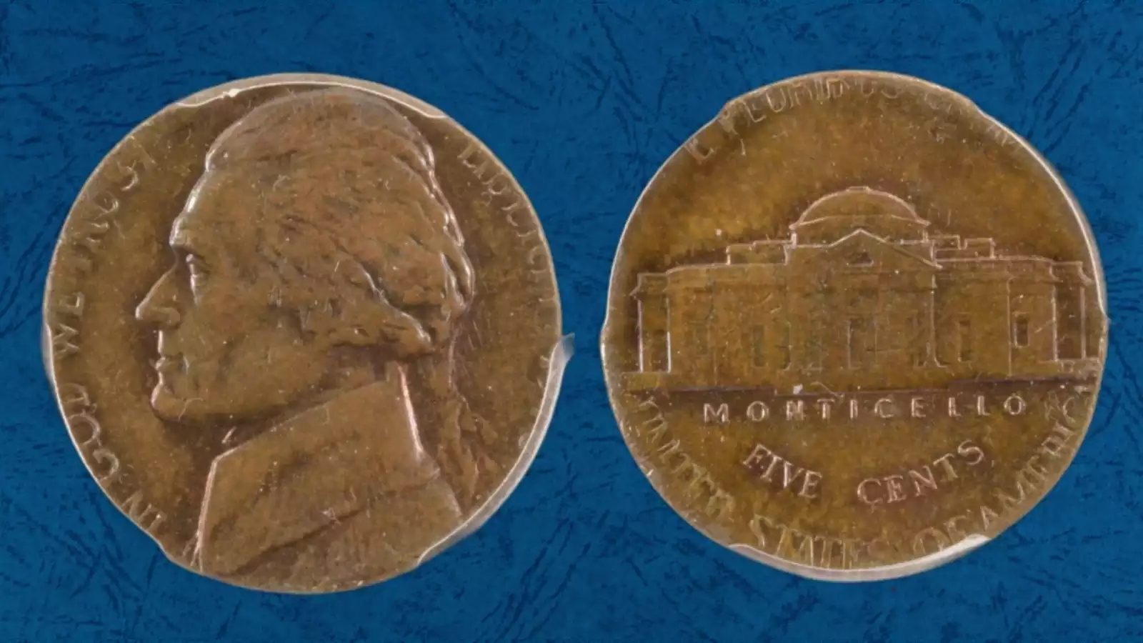 1978 Jefferson Nickel struck on a cent planchet error showing copper color and smaller diameter than standard nickel