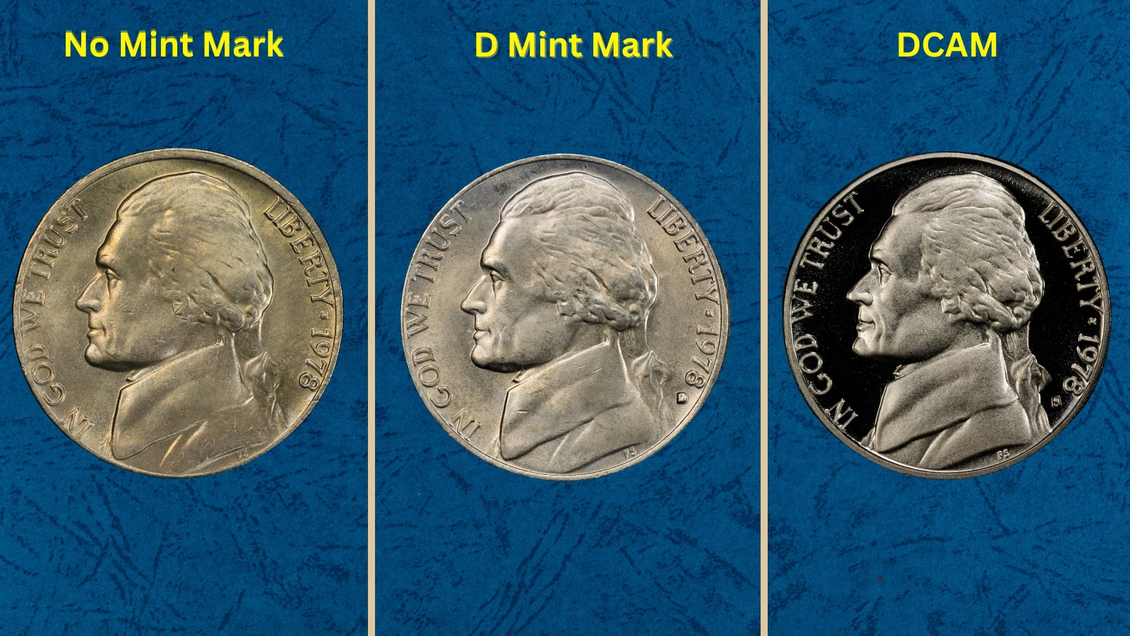 Three 1978 Jefferson Nickels showing Philadelphia no-mint-mark, Denver D, and San Francisco S proof varieties side by side