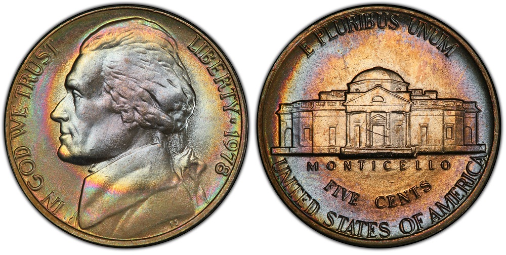 1978 Jefferson Nickel grading strip showing four coins in Worn, Circulated, Uncirculated, and Gem condition from left to right